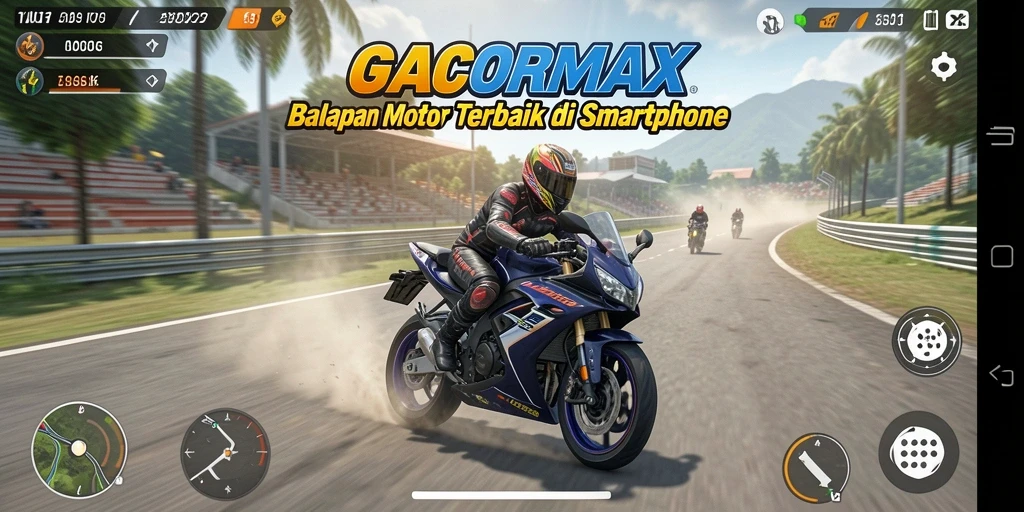 Tangkapan layar gameplay GACORMAX menampilkan aksi balapan motor yang thrilling.