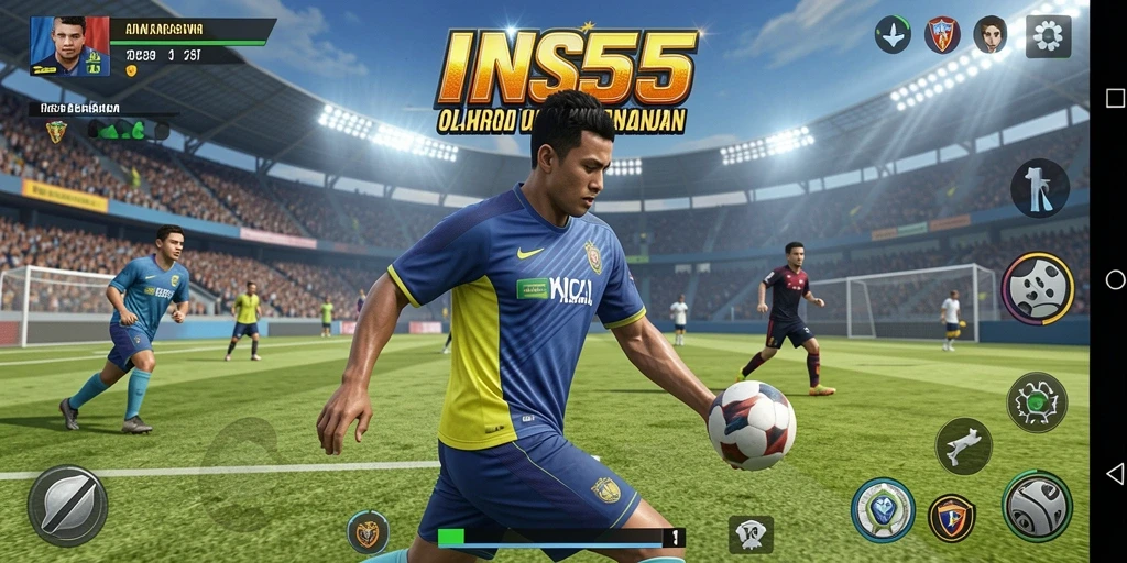 Screenshot gameplay INS55 menunjukkan aksi olahraga yang mendebarkan.