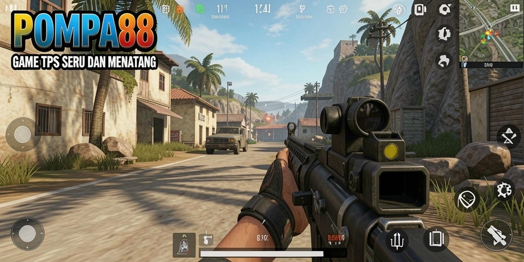 Screenshot POMPA88 menampilkan aksi pertempuran seru dalam mode TPS.