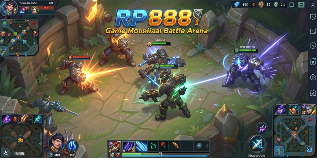 Tampilan screenshot utama RP888 menampilkan pertarungan epik di arena MOBA.