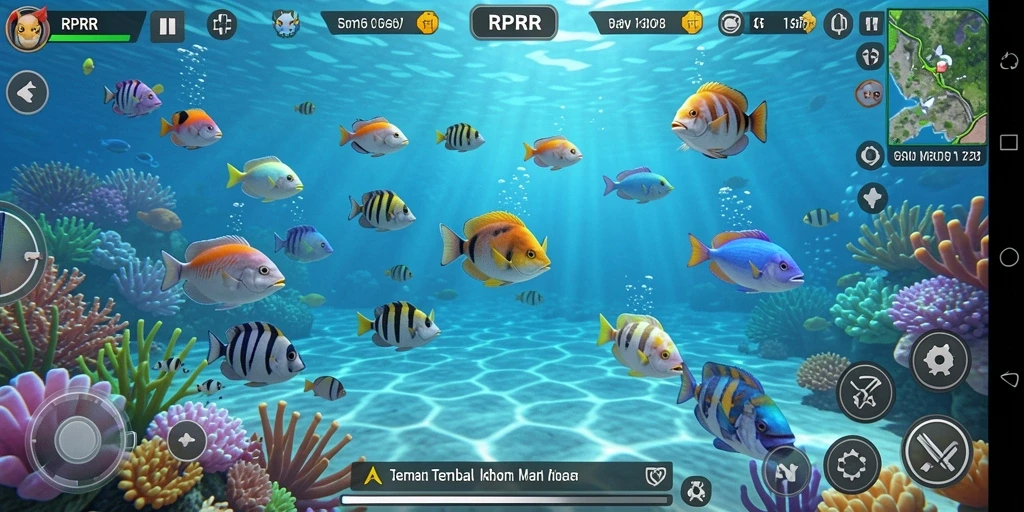 Screenshot gameplay RPRR dengan aksi tembak ikan yang seru.