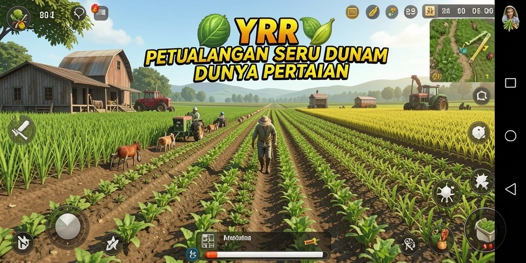 Screenshot dari gameplay YYRR yang menampilkan ladang subur dan kegiatan bertani.